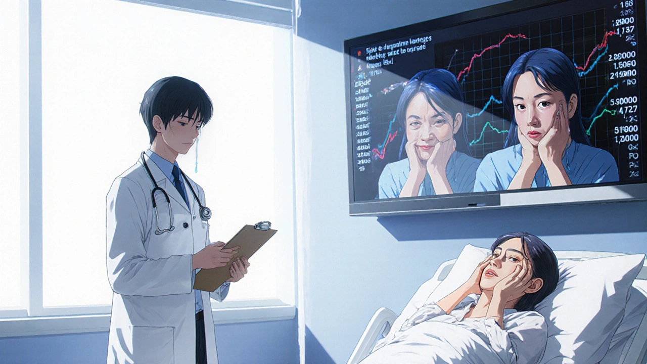 A woman in a hospital bed with split reflections, a doctor nearby as dopamine levels rise on a monitor.