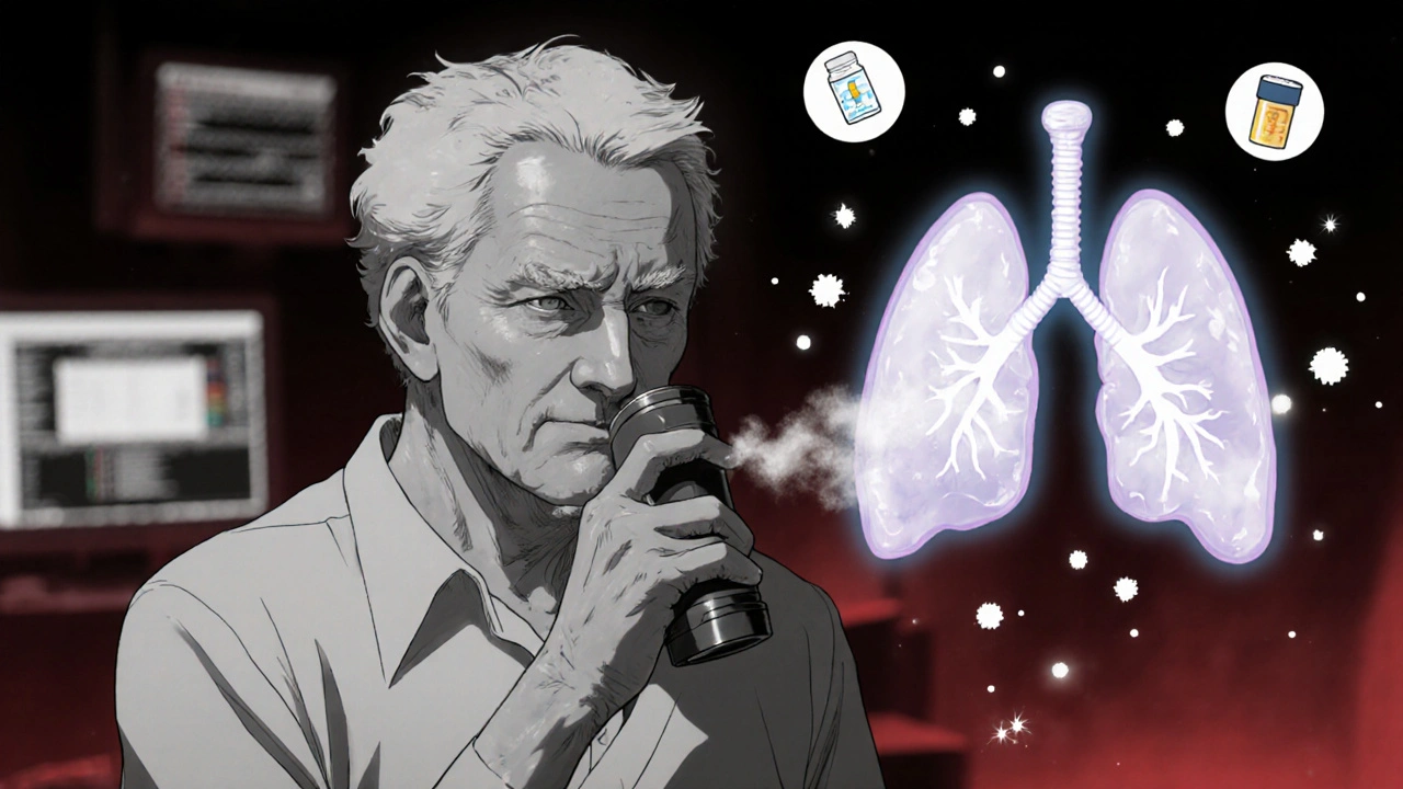 An elderly patient with two contrasting lung inhalation patterns—one even, one uneven—symbolizing drug delivery differences.