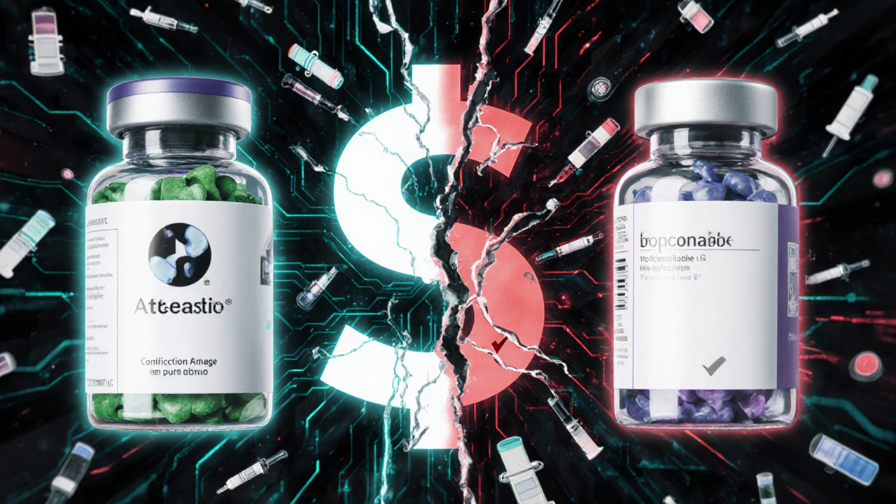 Branded vs generic antibiotic devices side by side with a cracking dollar sign between them.