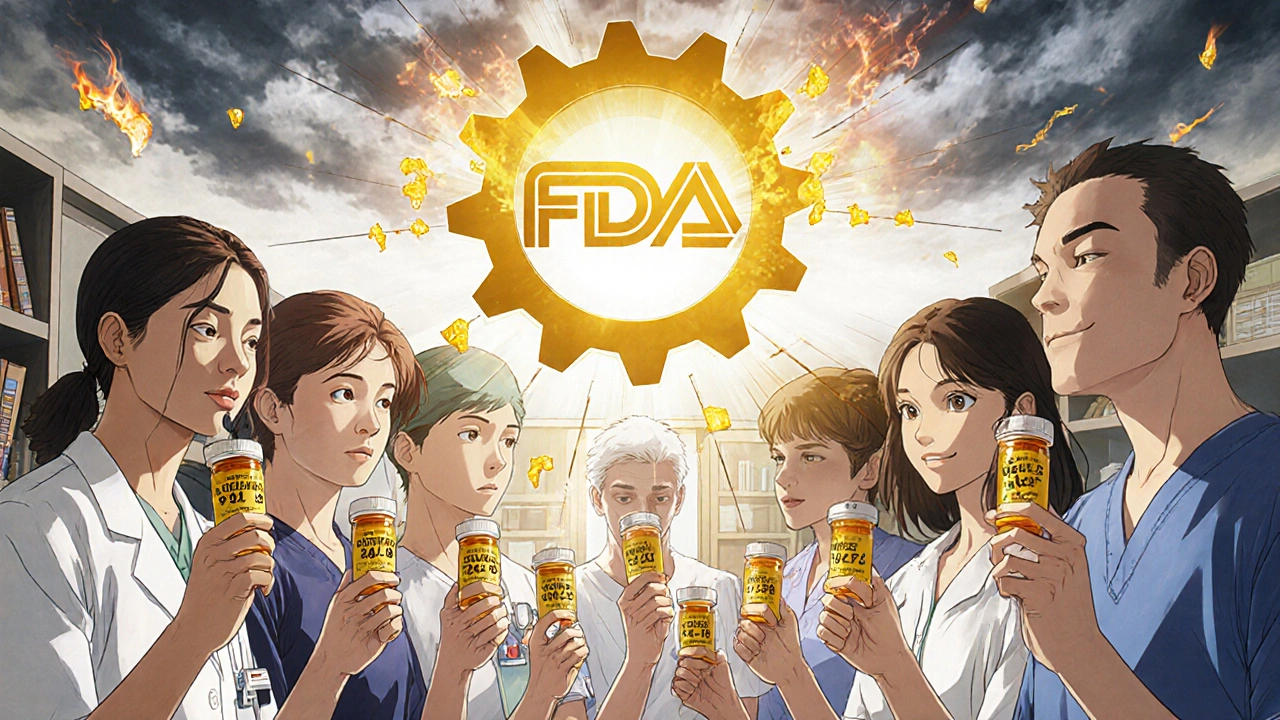 Diverse patients connected by light to an FDA gear emblem, symbolizing access to generics.