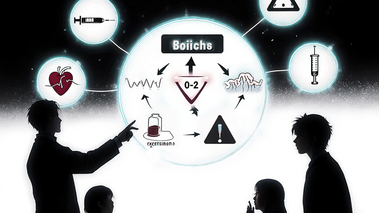 Doctor pointing to a glowing flowchart showing antiemetic choices based on patient risk factors.