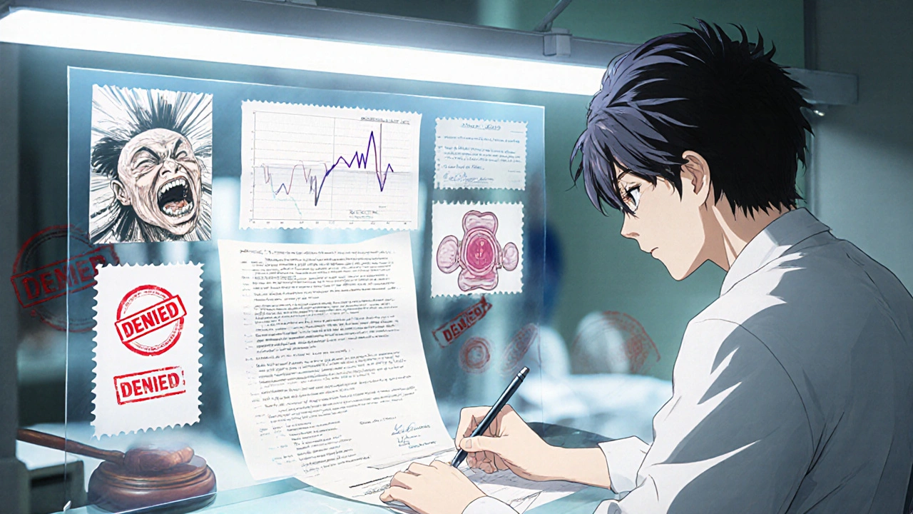 Doctor writing a medical appeal letter with floating images of seizures and thyroid diagrams in the background.