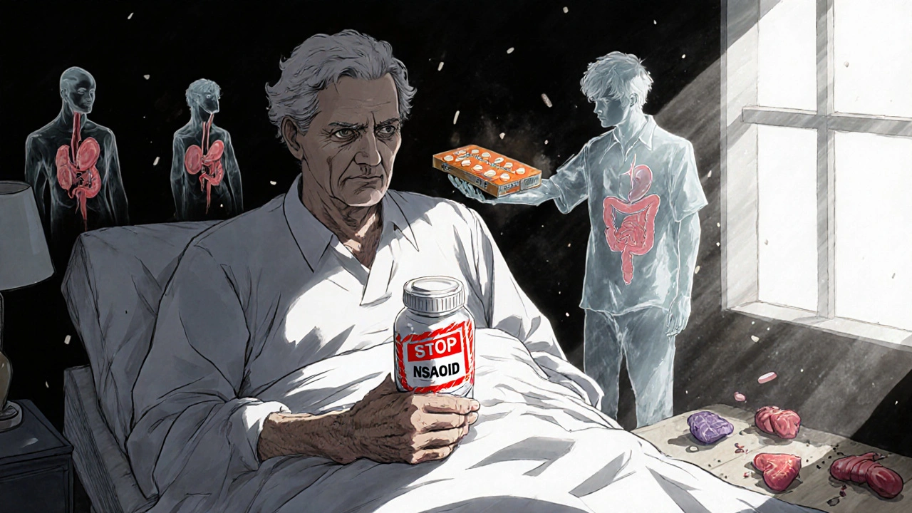 Elderly man in hospital bed surrounded by ghostly images of past pill use and broken organs.