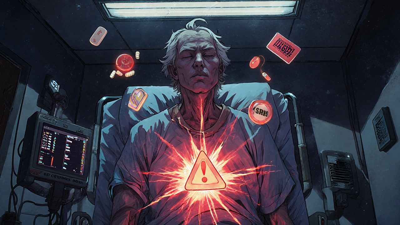 Elderly patient in hospital with glowing danger symbols radiating from their body due to dangerous drug interactions.