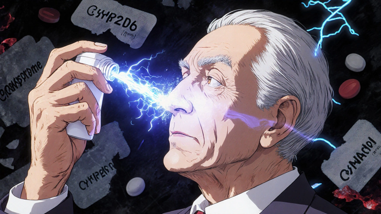 Elderly patient receiving intranasal ondansetron, with genetic and drug symbols surrounding them.