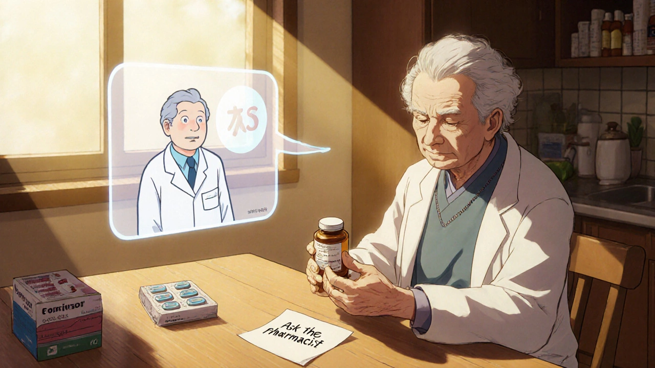 Elderly person holding pill bottle with AR hologram pharmacist explaining the warning symbol.