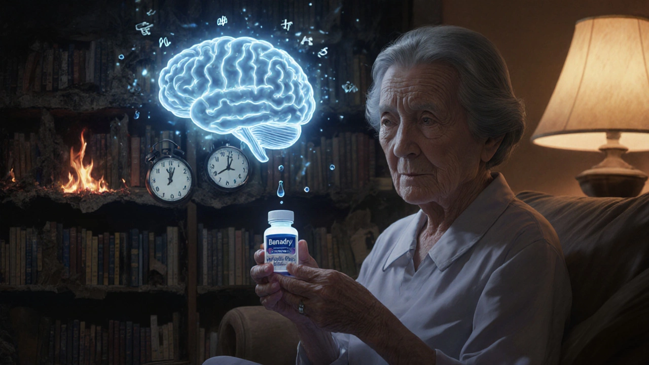 Elderly woman with fading memories, burning books in mind, warning symbol glowing faintly.
