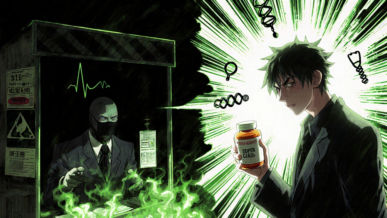 Good vs evil showdown: man with prescription vs. masked vendor selling fake pills in toxic smoke