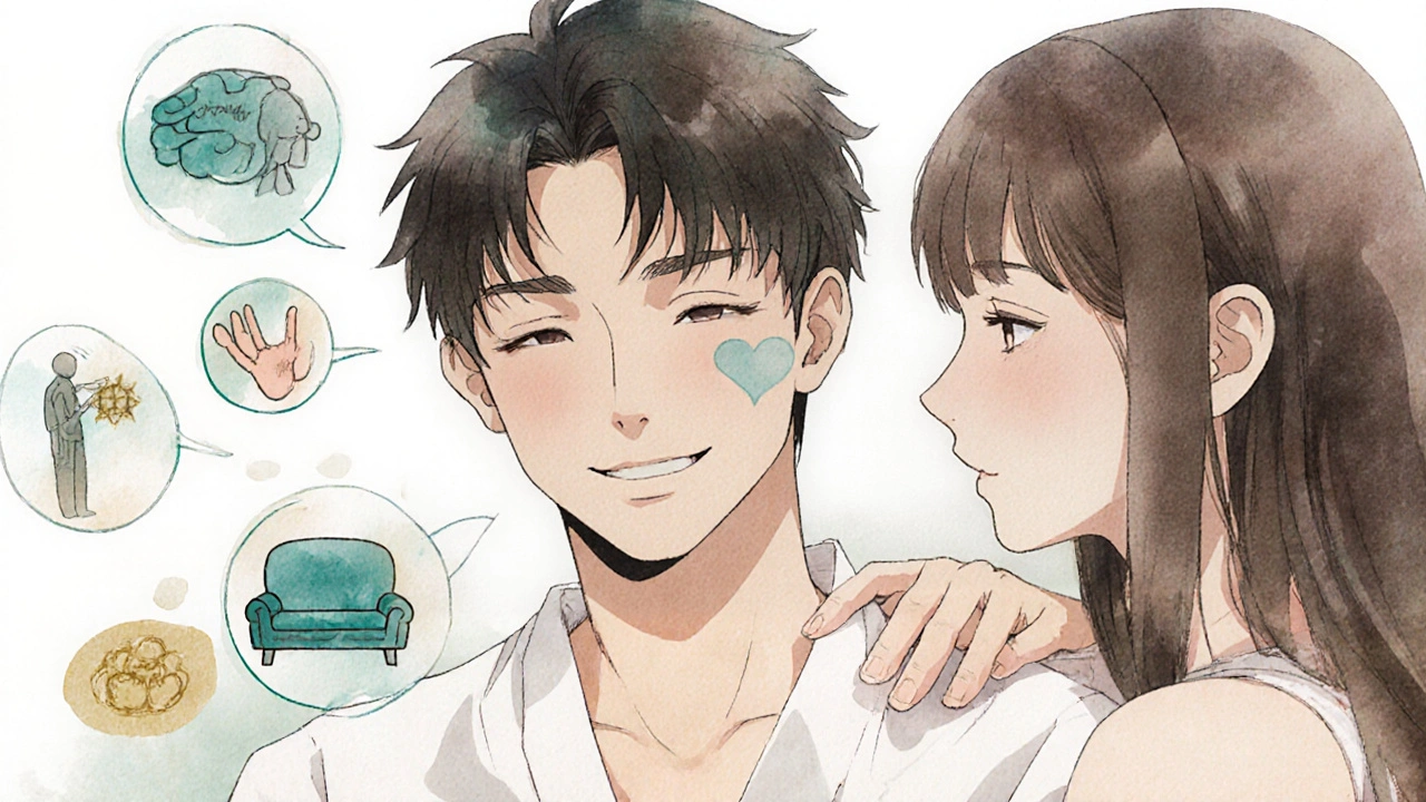 Man using numbing spray with partner in intimate moment, behavioral therapy icons floating nearby