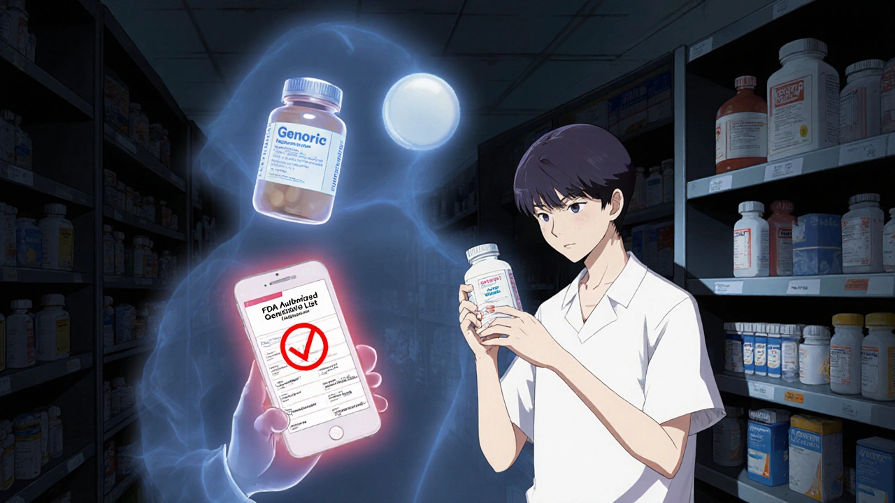 Patient comparing generic bottle to ghost image of brand drug, checking FDA list on phone.