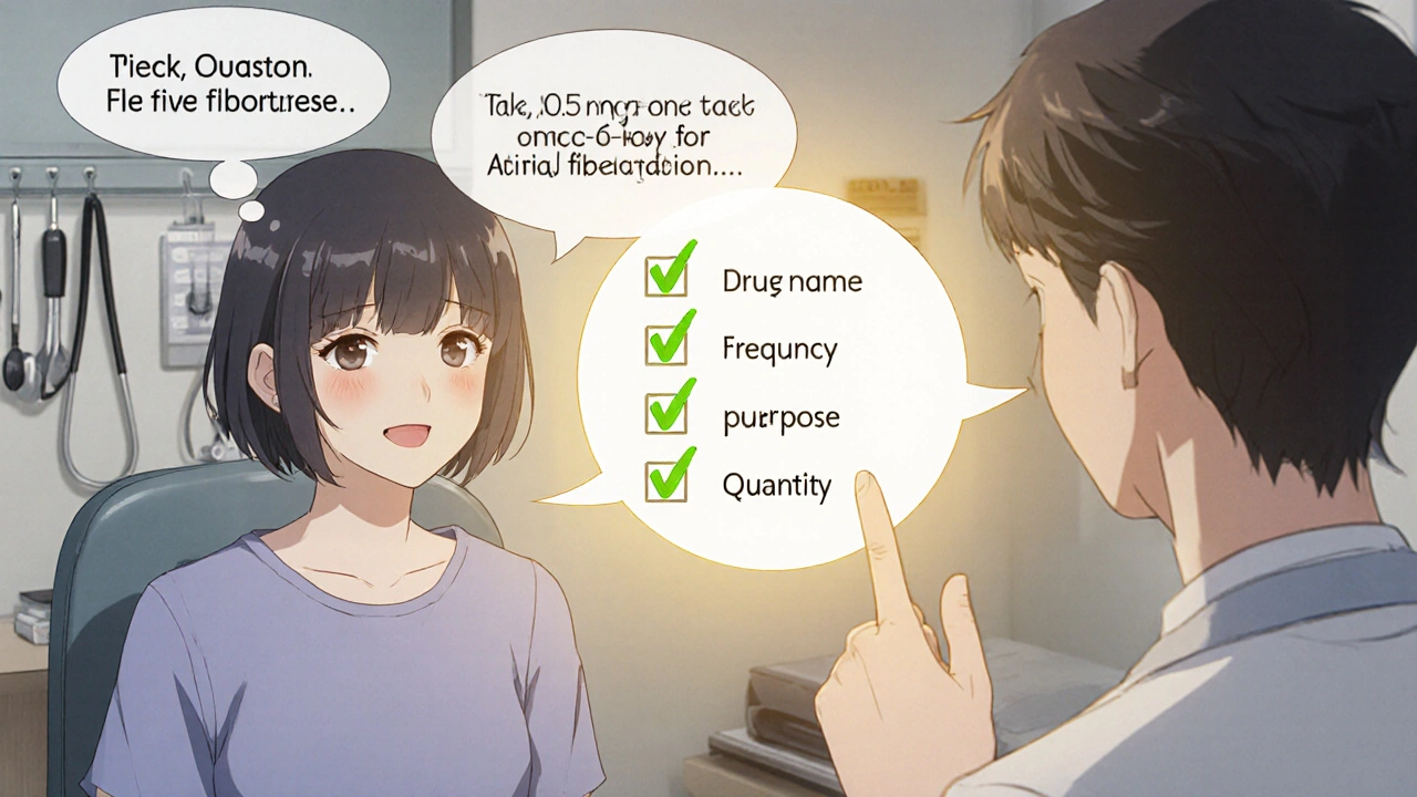 Patient confidently repeats medication instructions to doctor, glowing checklist confirms correct details in medical setting.