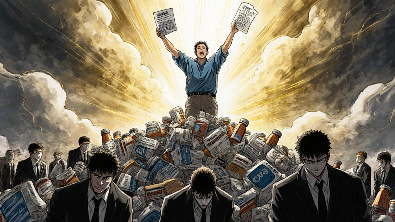 Patient holding approval letter atop pile of generic pill bottles, light breaking through stormy clouds.