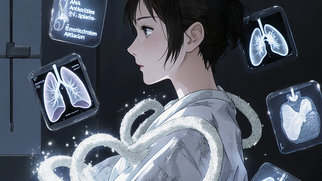 Patient surrounded by glowing medical icons showing internal fibrosis in lungs and heart.