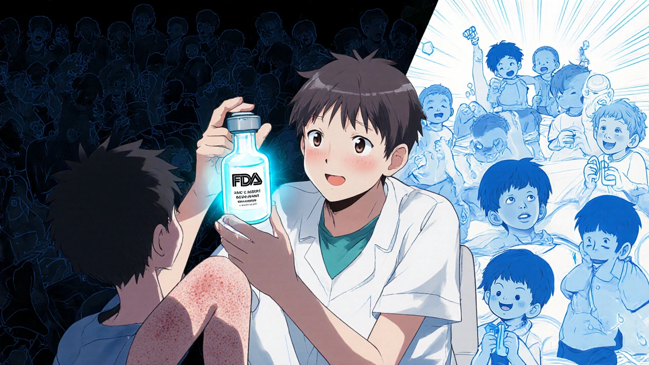 Pediatrician applies futuristic safe cream to child&#039;s eczema, contrasting dangerous vs. safe treatments.