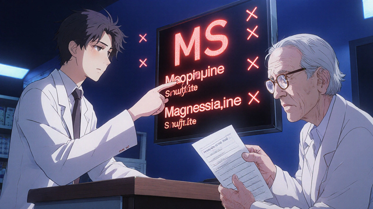 Pharmacist and patient face a confusing electronic prescription showing ambiguous &#039;MS&#039; abbreviation, warning lights flashing.