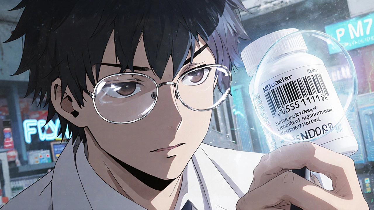 Pharmacist examining NDC code on a pill bottle with glowing numerical overlay.