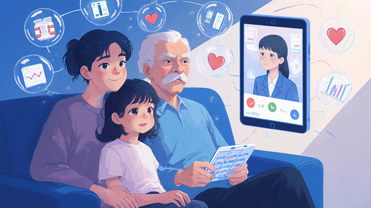 Senior and family member video-calling a pharmacist, floating medication icons around them.