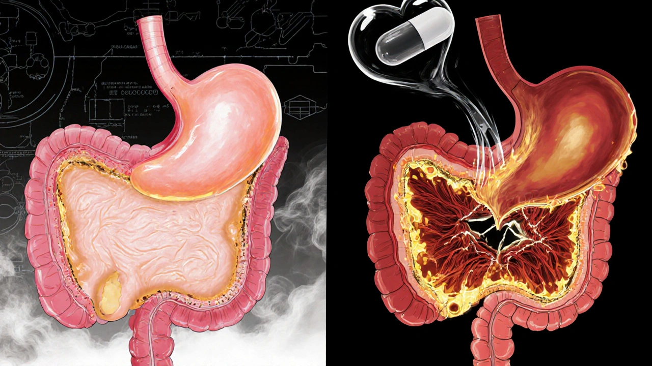 Split-panel medical illustration showing healthy vs. damaged stomach lining after NSAID use.