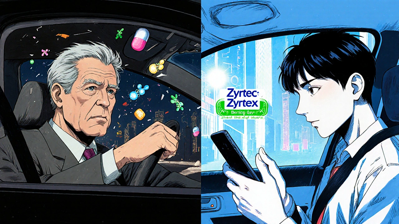 Split scene: drowsy driver vs. alert person using non-sedating allergy medication.