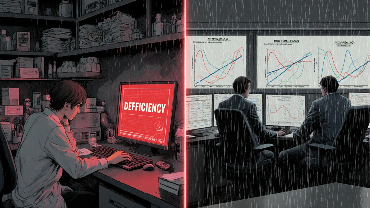 Split scene: exhausted scientists in a lab face a red deficiency alert, while FDA reviewers analyze the same data.
