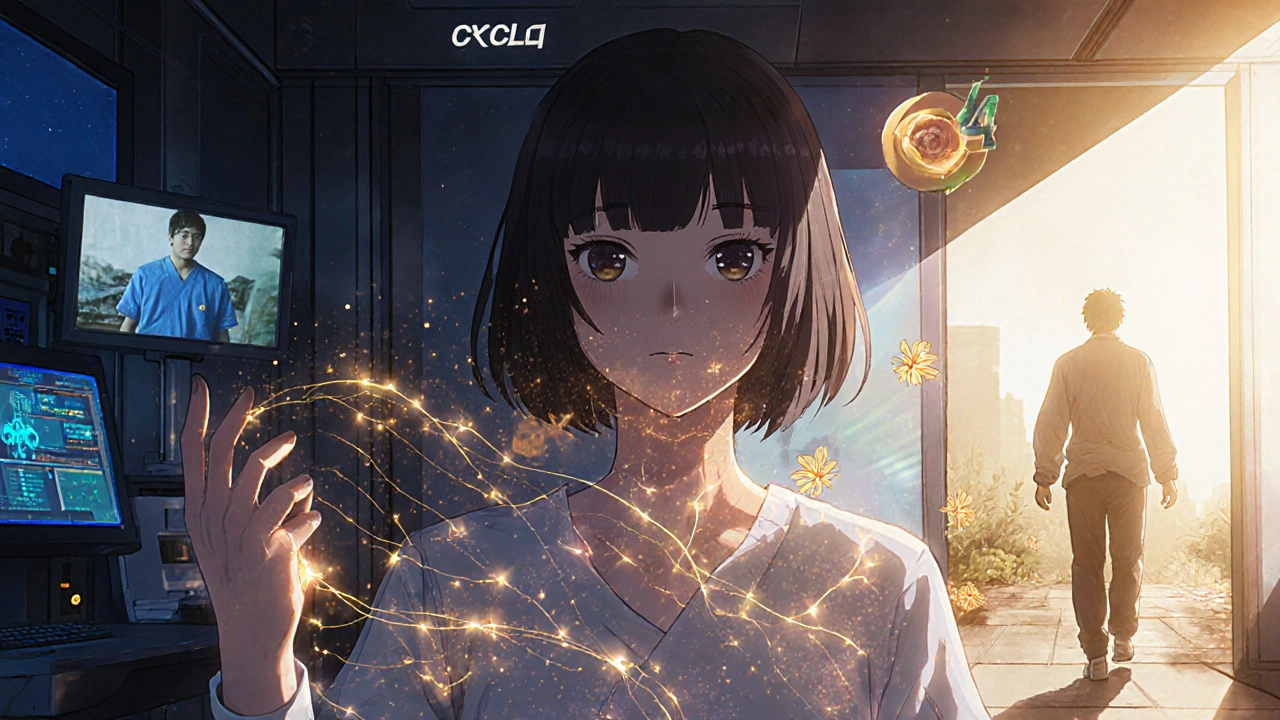 Stem cell therapy with golden blood cells flowing in, fibrosis dissolving into petals.