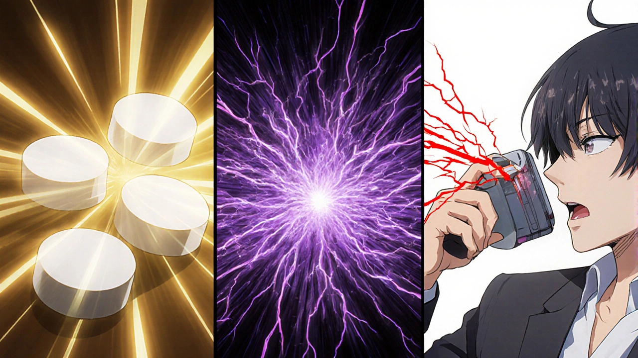 Three drug interaction types shown in split panels: additive, synergistic, and antagonistic effects on receptors.