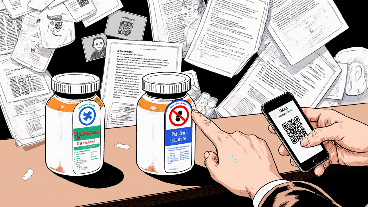 Three pharmacy bottles with different warning icons on a counter, one being scanned by a smartphone.
