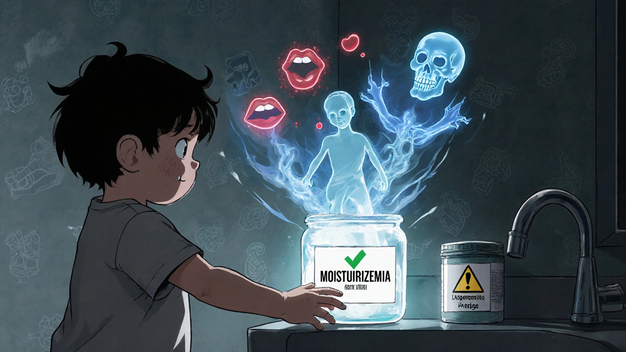 Toddlers reaching for mislabeled jar with ghostly toxic symptoms rising from inside.