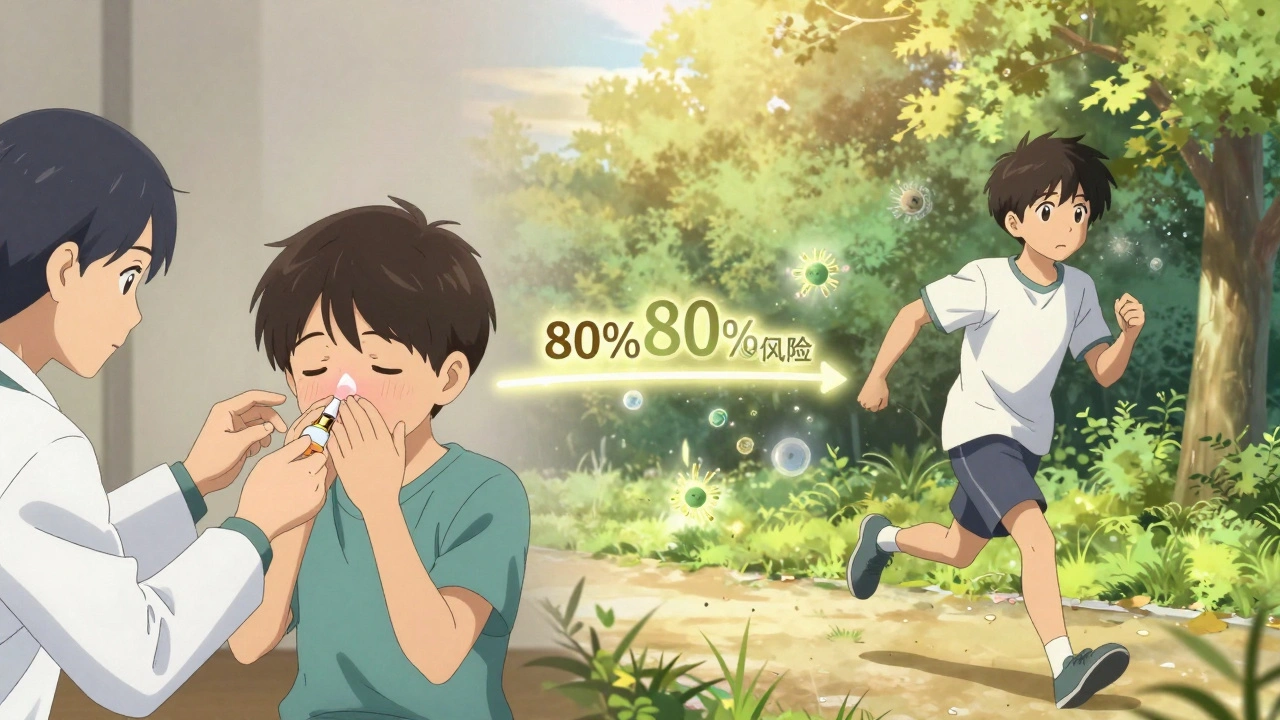 A child growing into a teen, showing reduced asthma risk after immunotherapy over five years.