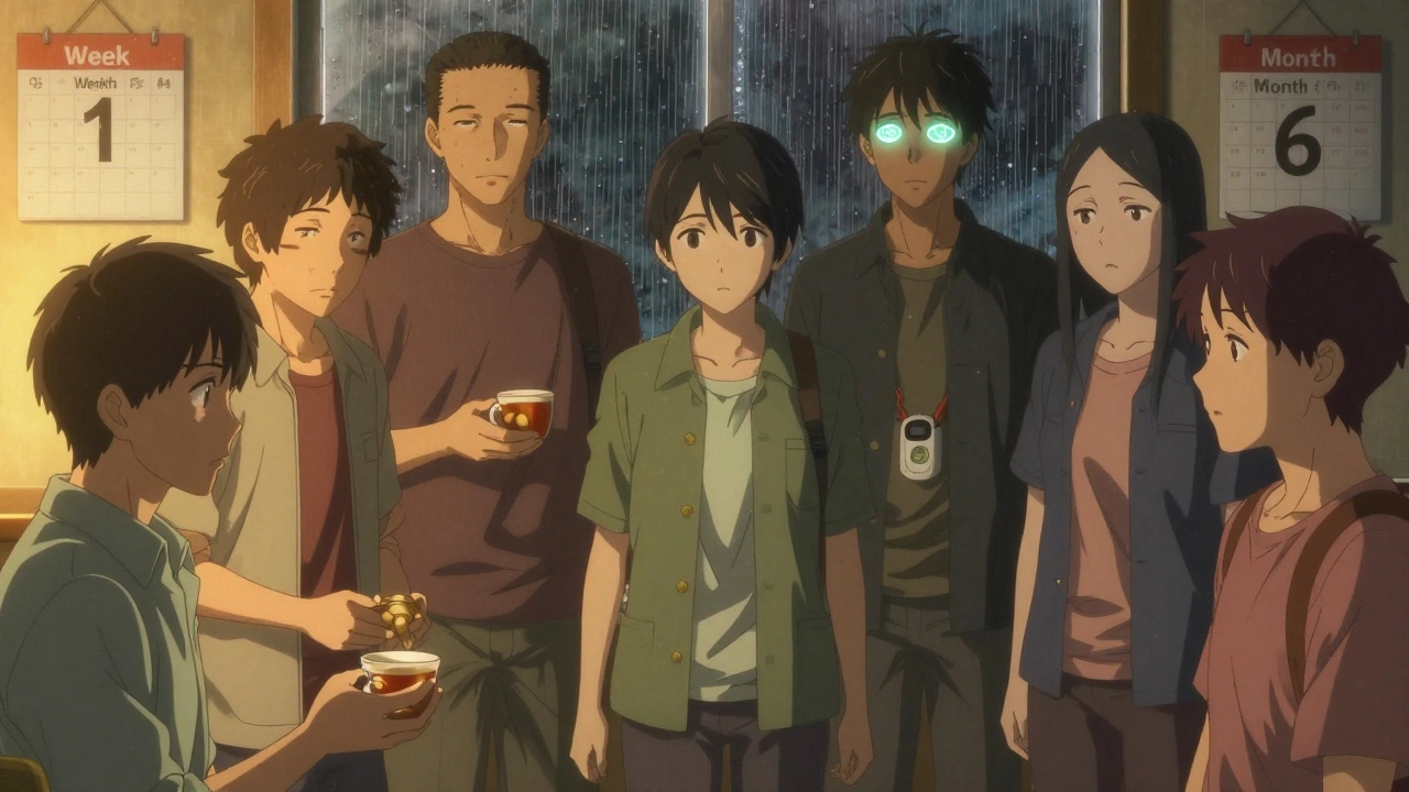 A diverse group in a support circle, each showing subtle signs of SSRI side effects, bathed in warm light with rain outside the window.