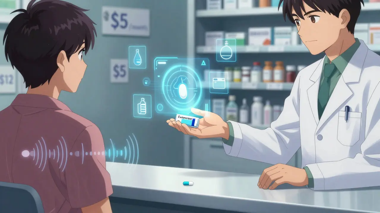 A doctor handing a patient a combination blood pressure pill, with holographic medical symbols and price tags in the background.