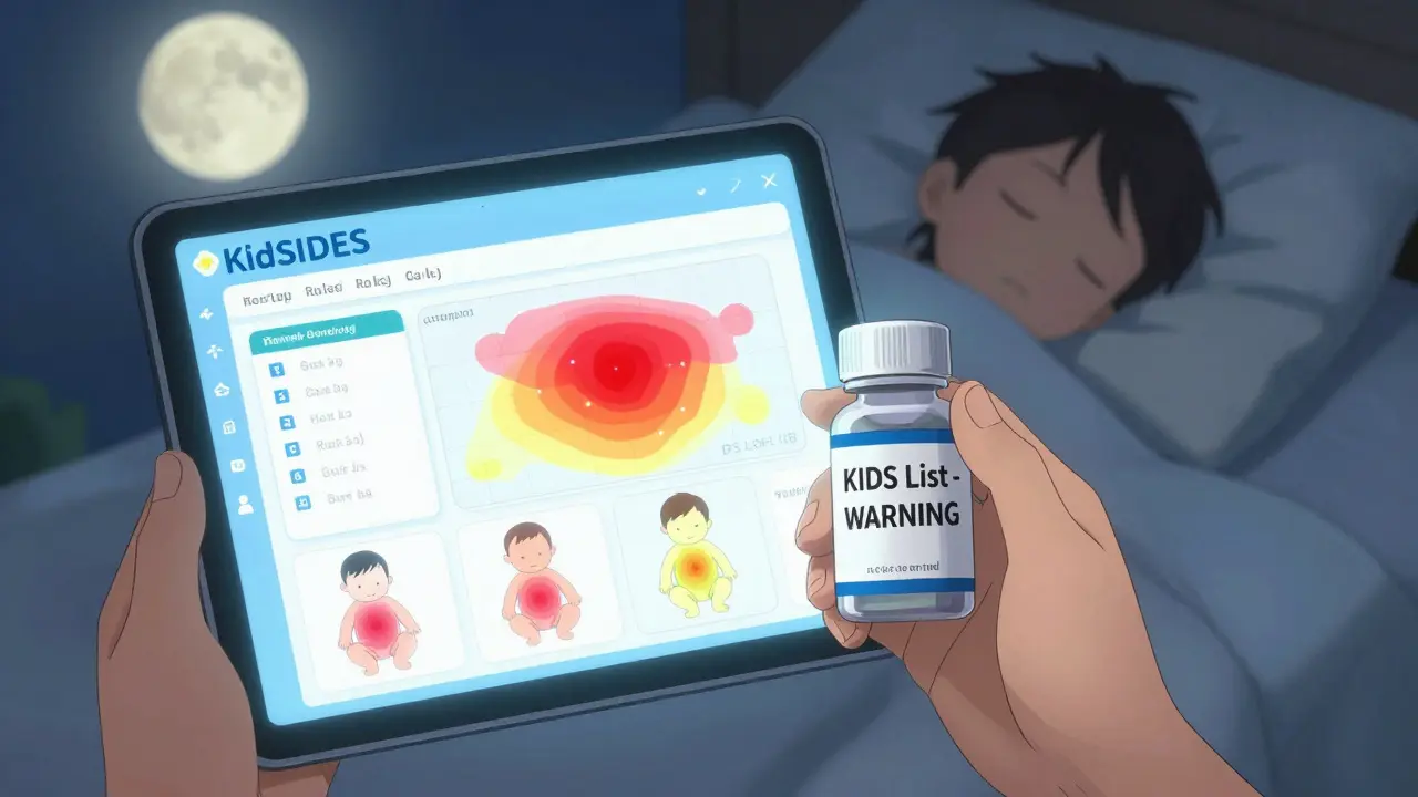 A parent viewing a digital pediatric drug safety dashboard with age-based risk maps, while their child sleeps peacefully nearby.
