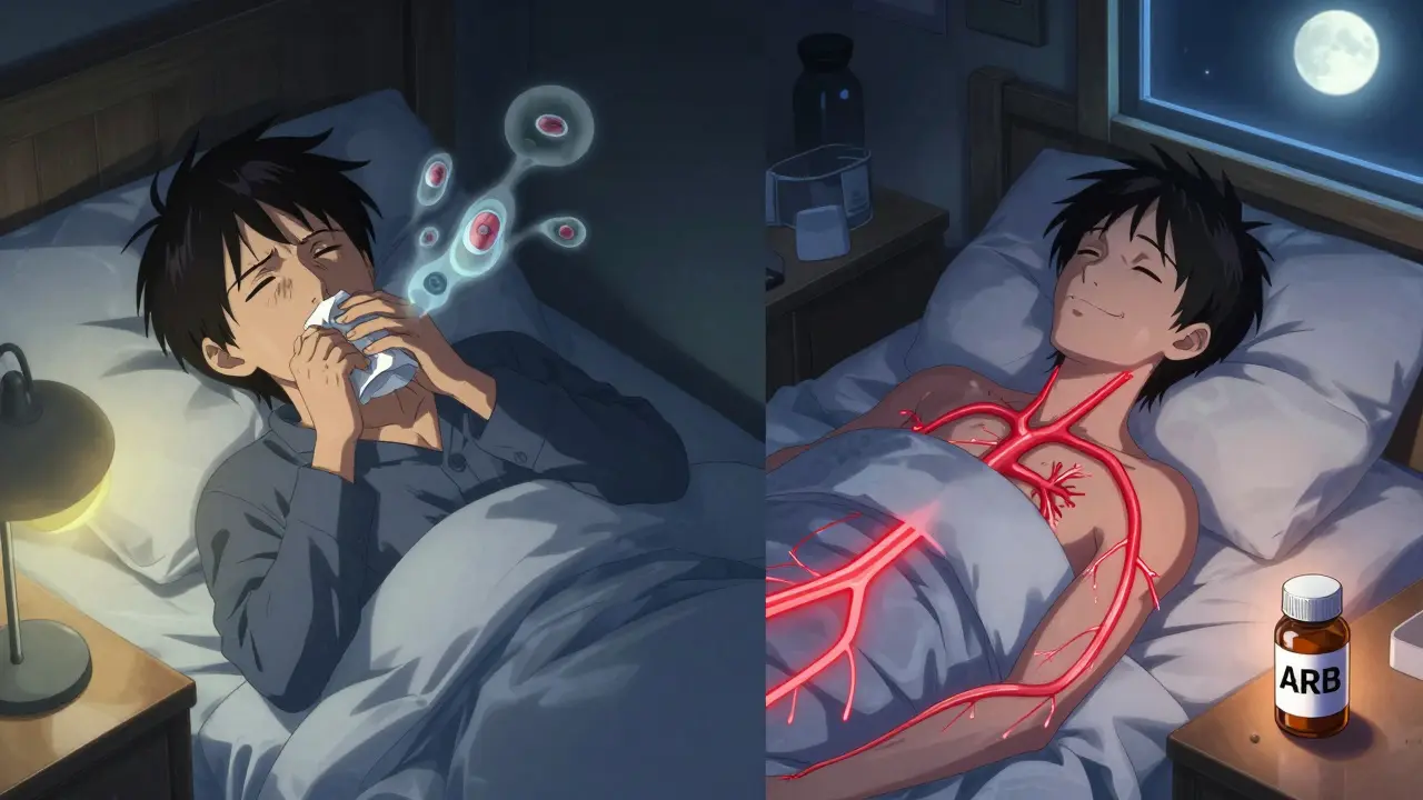 A patient coughing at night versus sleeping peacefully, showing the contrast between ACE inhibitor side effects and ARB relief.