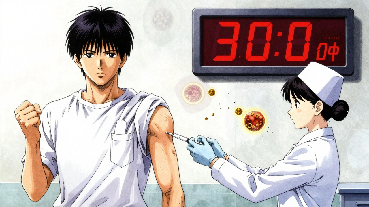 A patient receiving an allergy shot in a clinic, with a clock showing 30-minute monitoring.