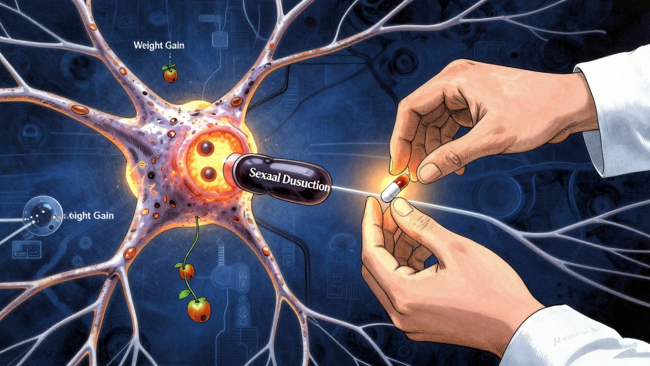 A surreal neuron network with serotonin pulses, one synapse weighed down by sexual dysfunction, being treated by a bupropion capsule.