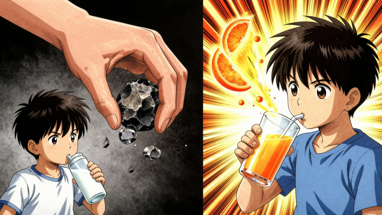 Child drinking milk with iron supplement vs. orange juice helping iron absorb, visual contrast of failure and success.