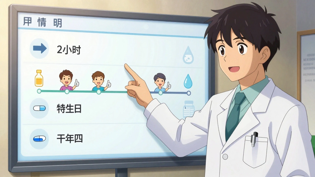 Clinician explaining a medication-fiber timing schedule on a digital chart.