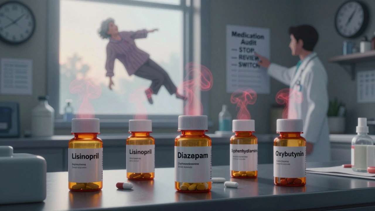 Cluttered counter with pill bottles emitting red mist shaped like falling figures