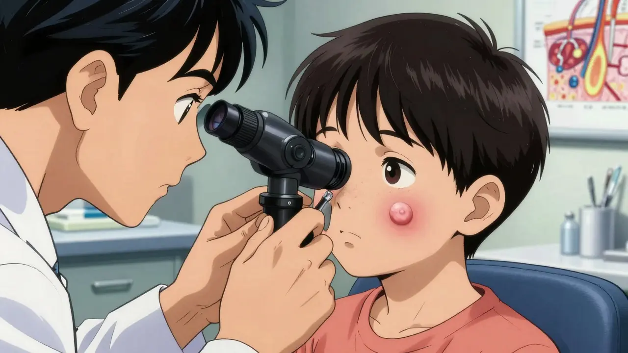 Dermatologist examining a child's cheek with a dermatoscope, focused and professional, molluscum lesion clearly visible.