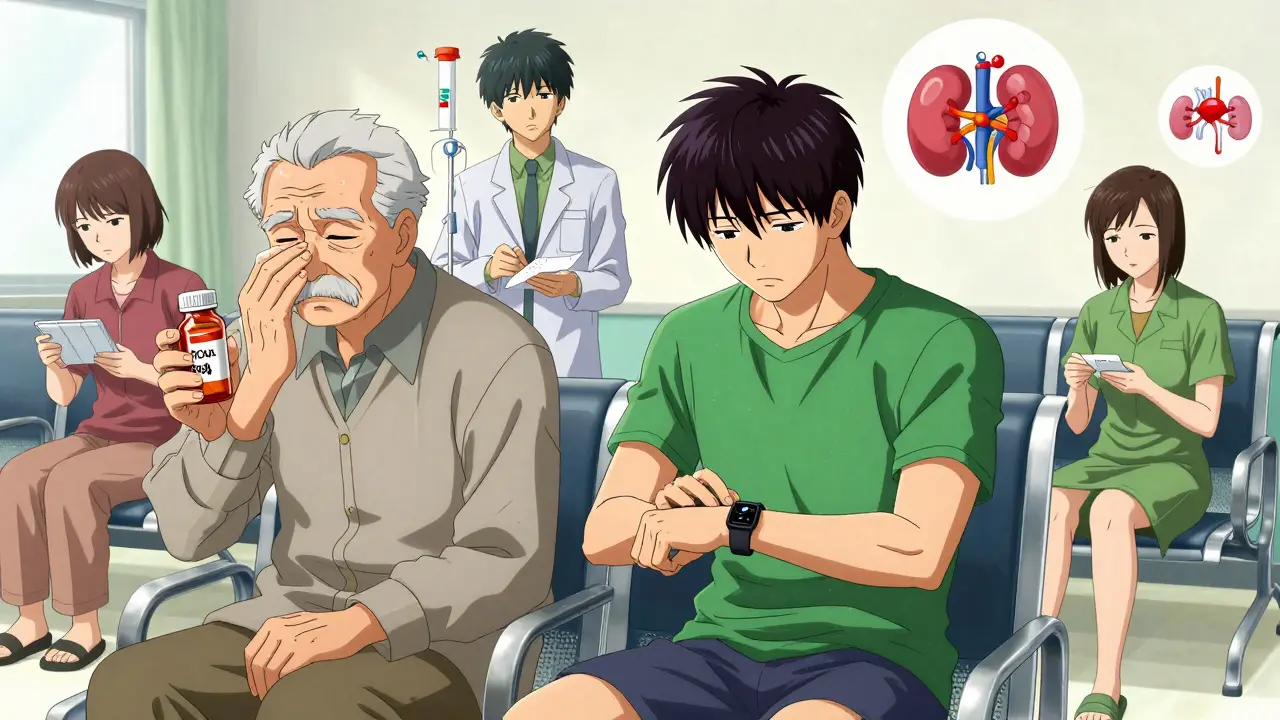 Diverse patients in clinic holding warfarin or DOAC pills, each with visual aura indicating risk level.