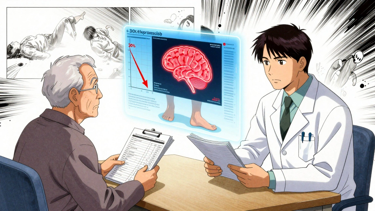 Doctor and pharmacist reviewing meds with holographic fall risk reduction data