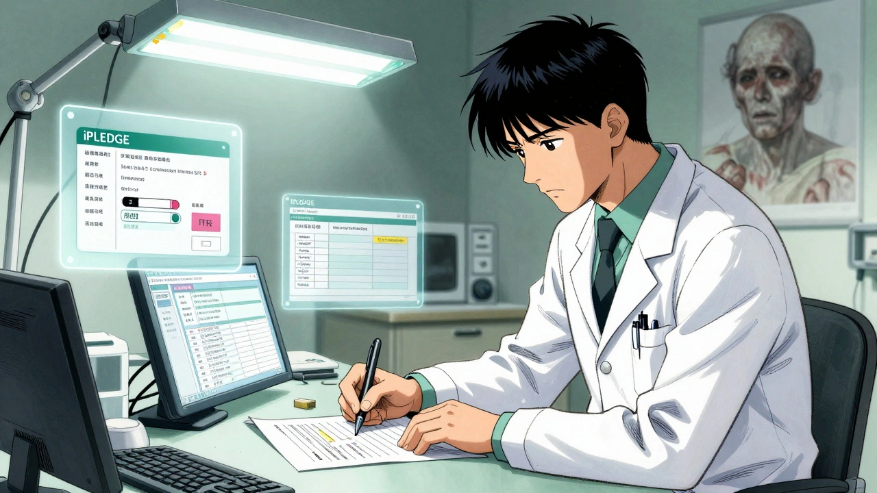 Doctor signing REMS forms while patient registration steps float in the air beside them.