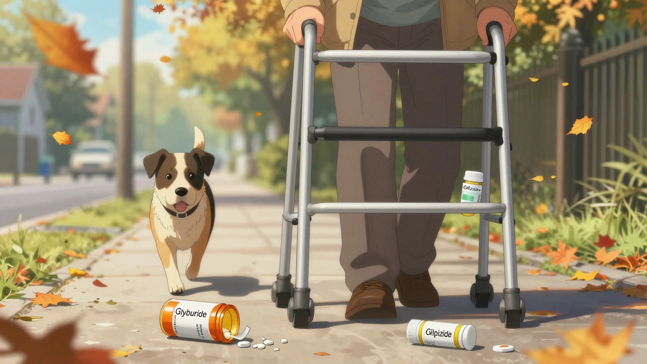 Elderly man walking confidently without walker, broken glyburide bottle on ground, dog beside him.