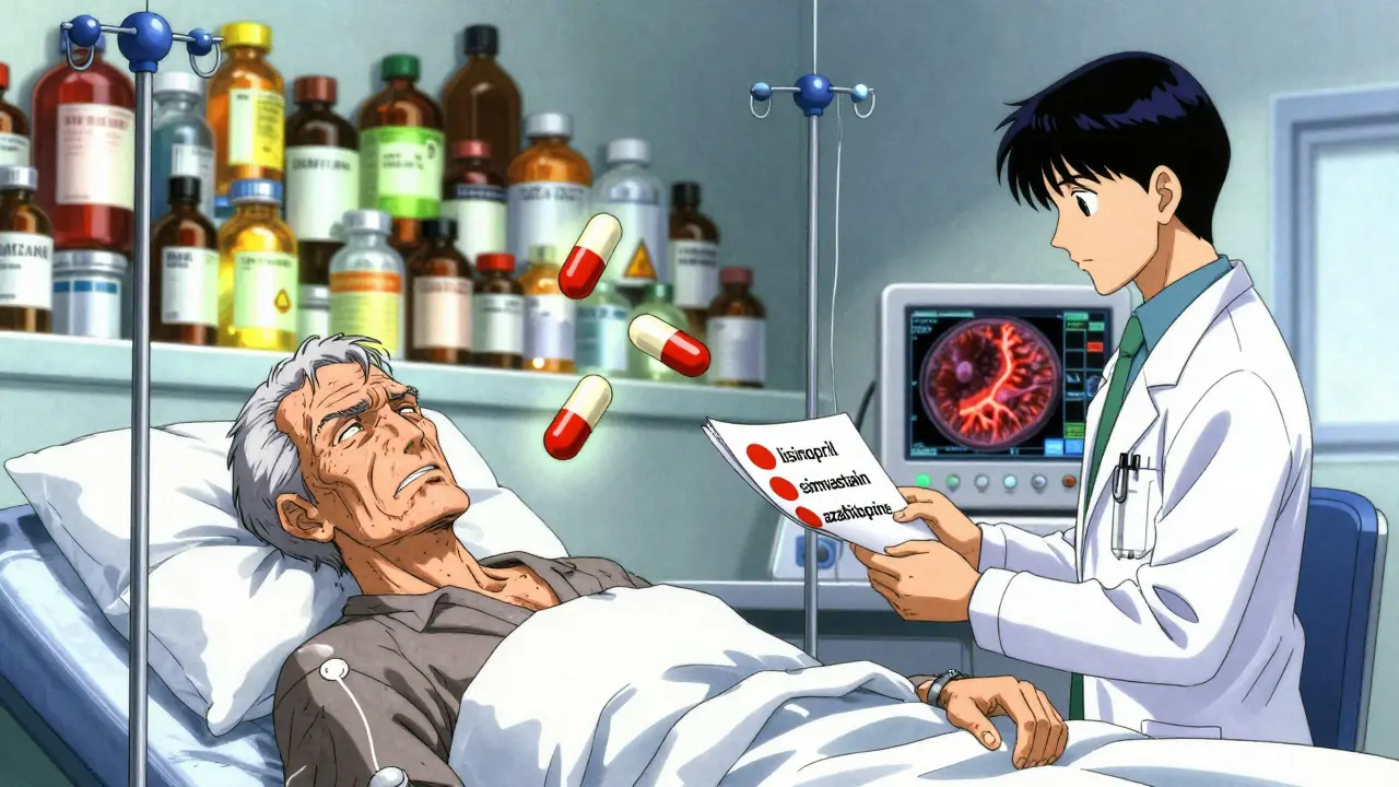 Elderly patient in hospital with dangerous medications hovering above him like bombs.