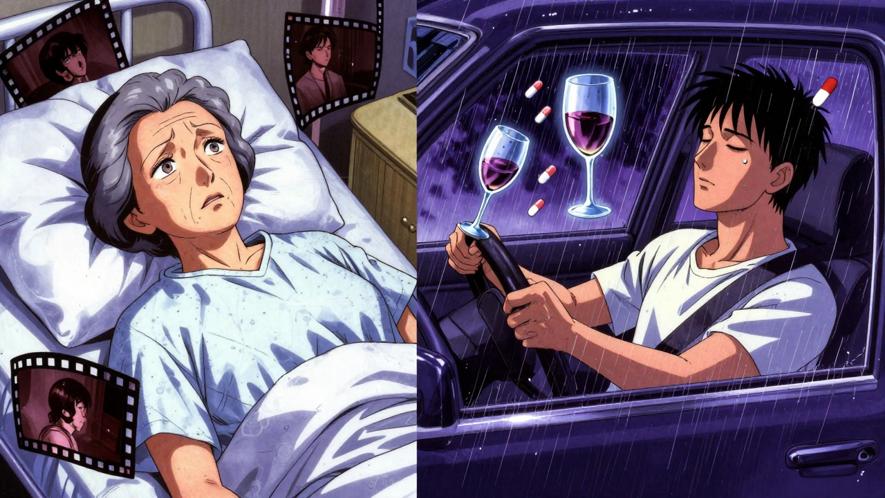 Elderly woman confused in hospital while man sleep-drives, ghostly wine and pills in windshield.