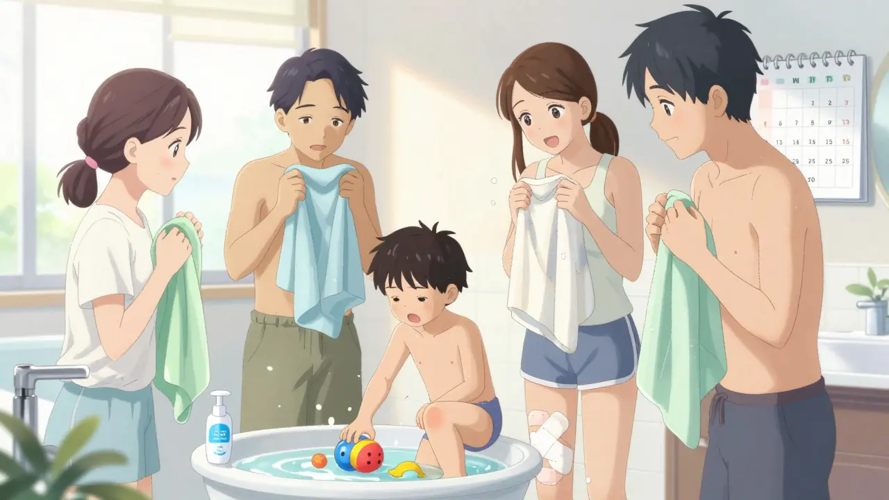 Family practicing hygiene in bathroom, child has covered bump, separate towels, calm domestic scene.