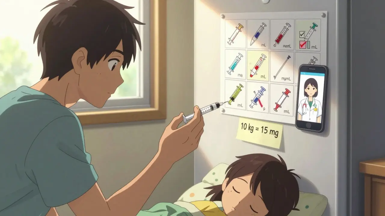 Father using a standardized syringe to give medicine to child, pictogram guide on fridge, nurse on phone.