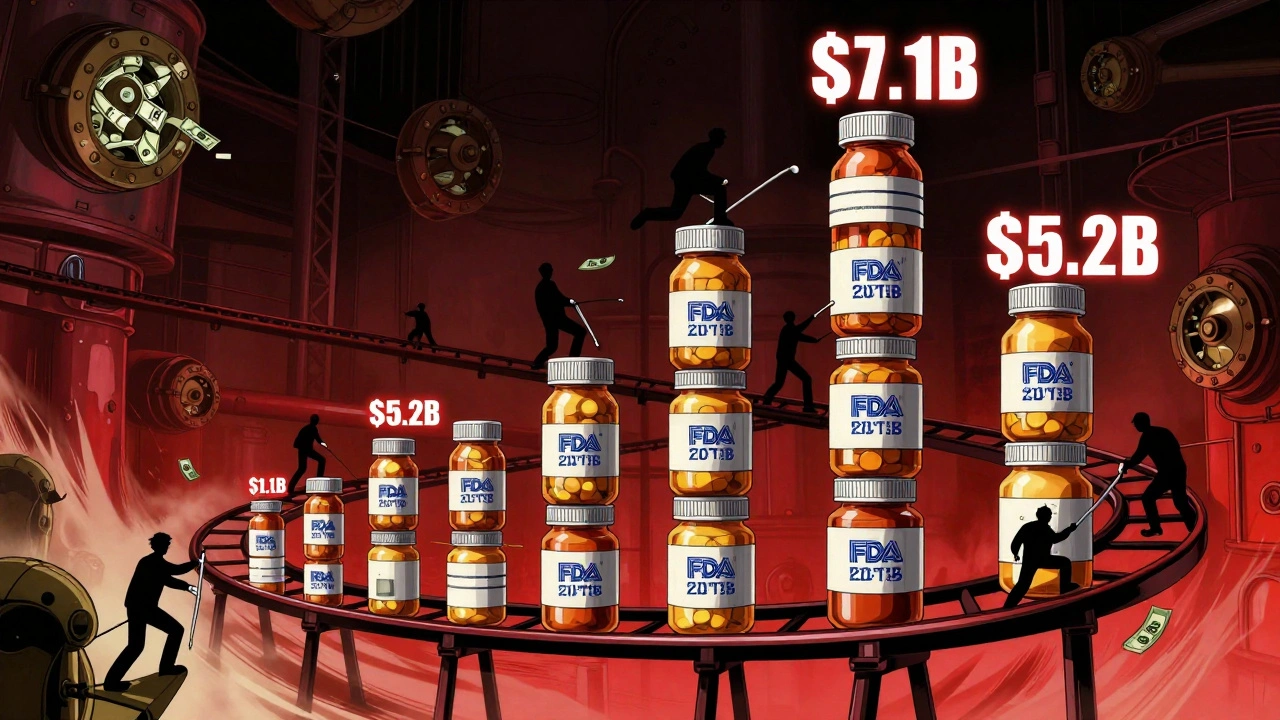 Financial rollercoaster made of pill bottles and FDA stamps, showing yearly savings spikes and hidden cash flows.