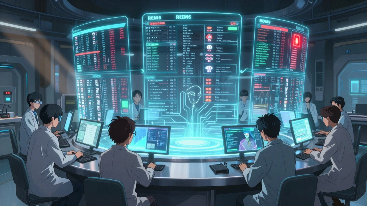 Futuristic control room displaying interconnected REMS drug programs with a rural access alert flashing.