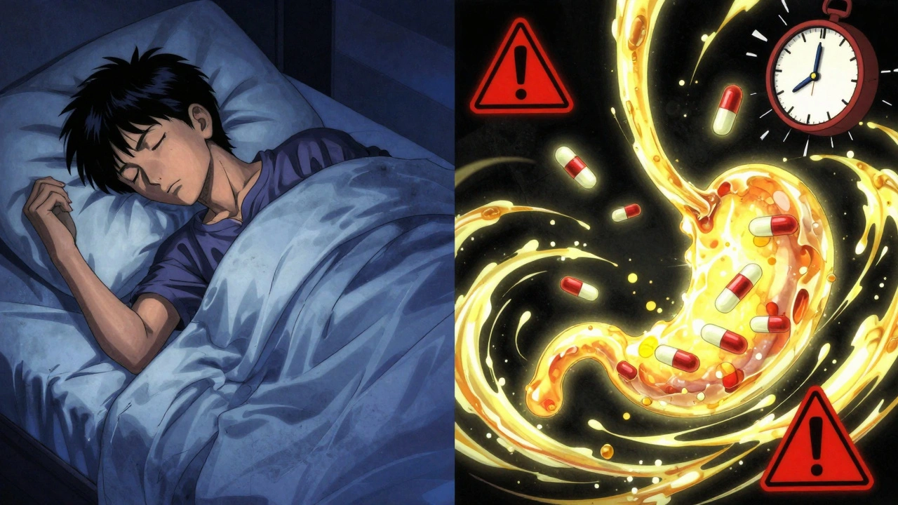 Gel-like fiber trapping medication capsules inside a stomach with warning symbols.